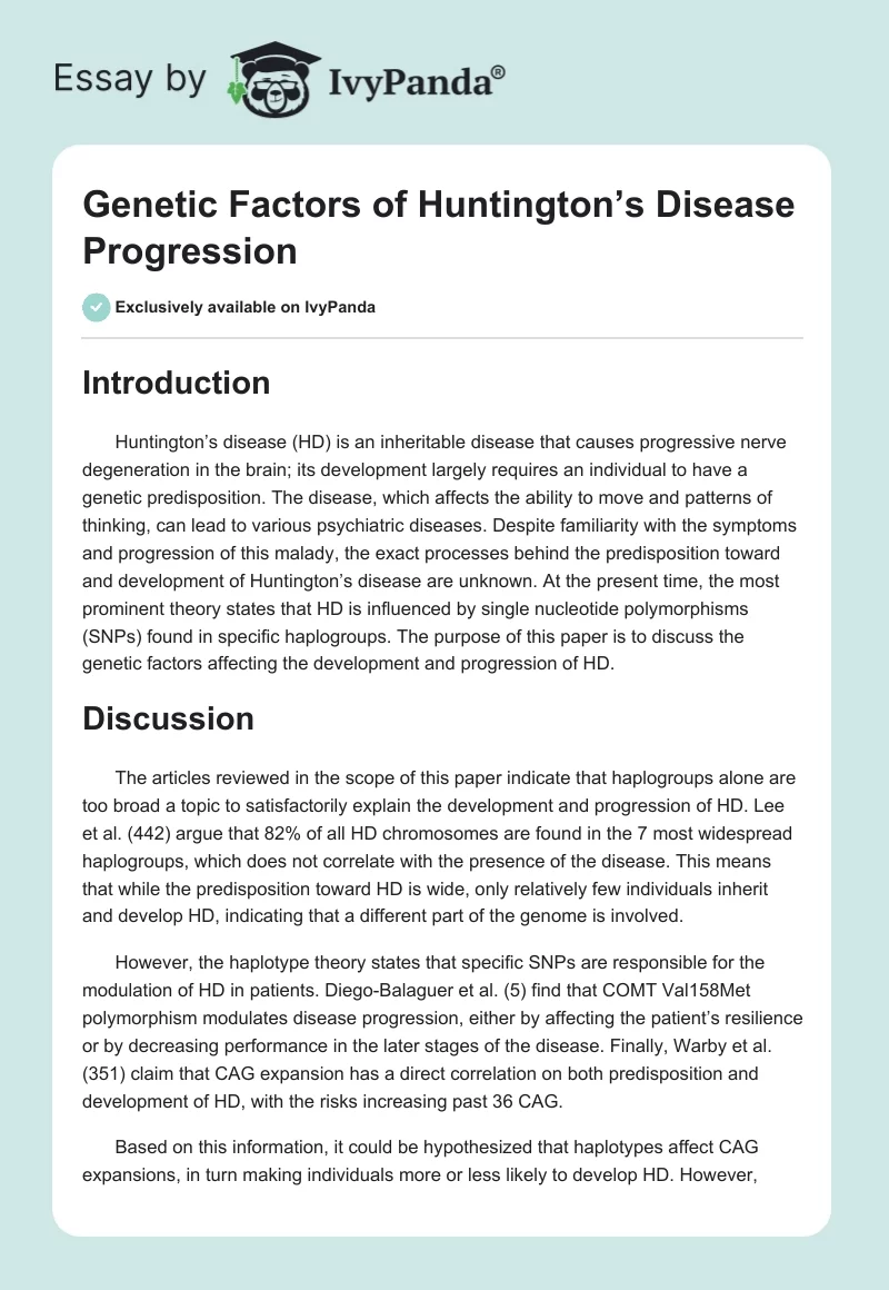 Genetic Factors of Huntington’s Disease Progression. Page 1