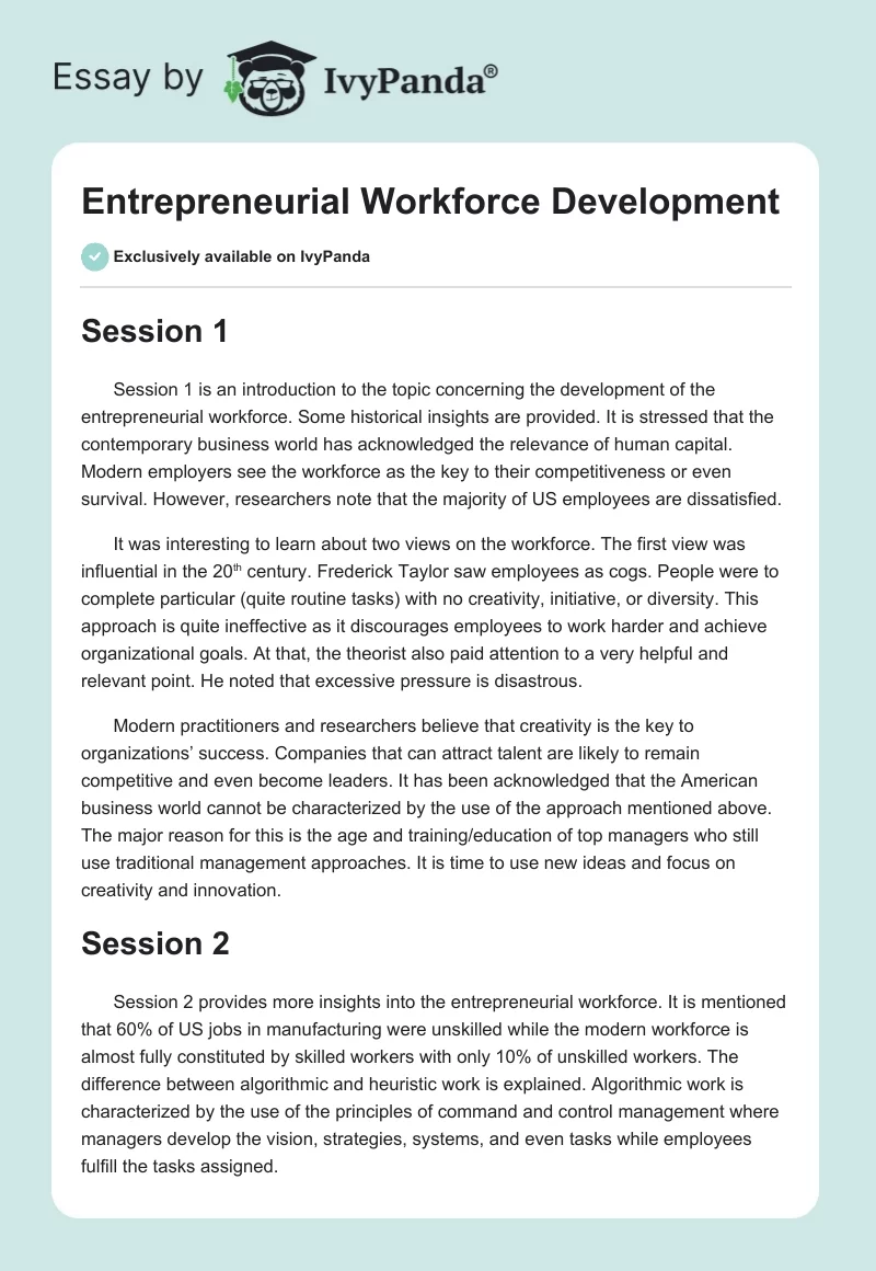Entrepreneurial Workforce Development. Page 1