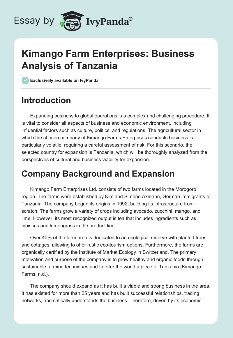 Kimango Farm Enterprises: Business Analysis of Tanzania. Page 1