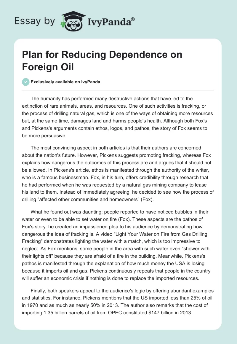 Plan for Reducing Dependence on Foreign Oil. Page 1