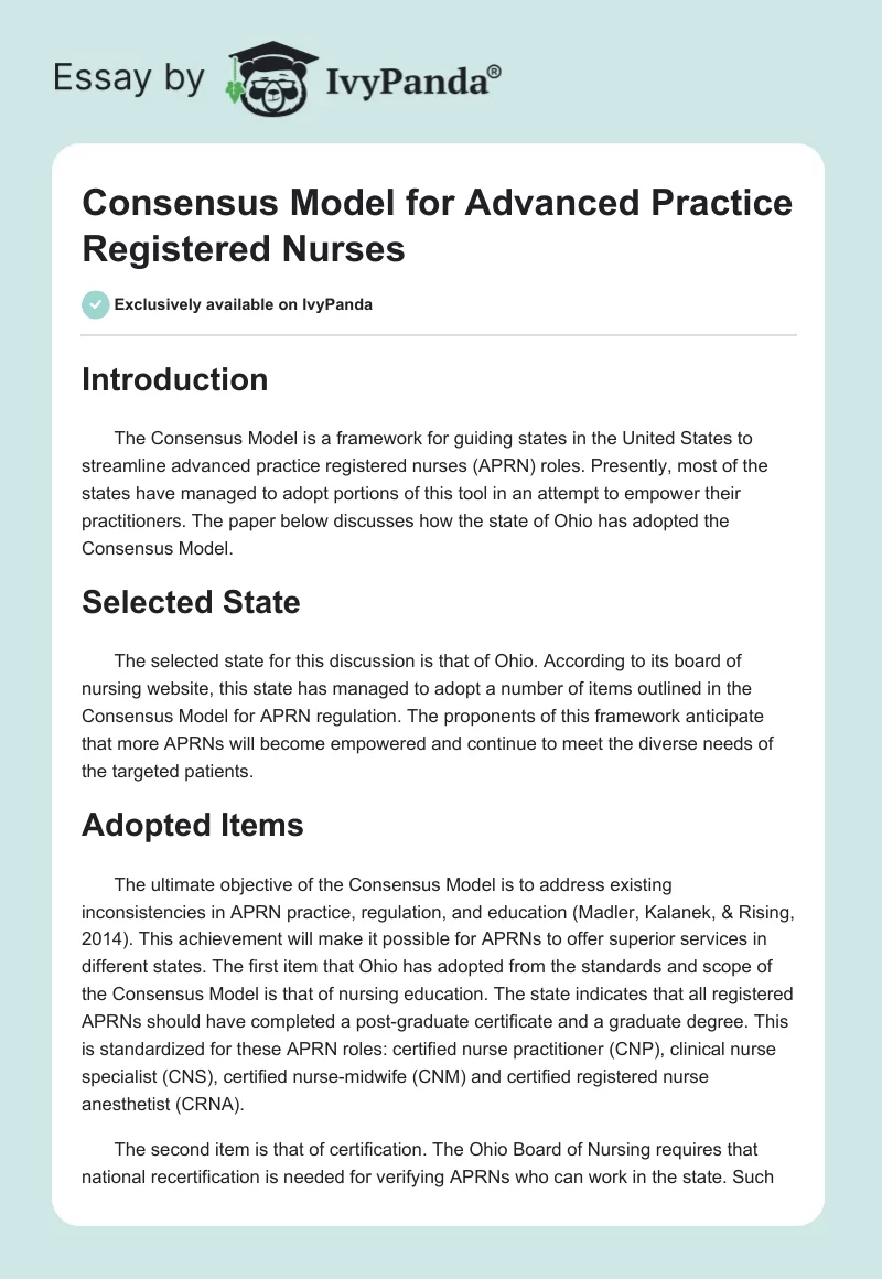 Consensus Model for Advanced Practice Registered Nurses. Page 1