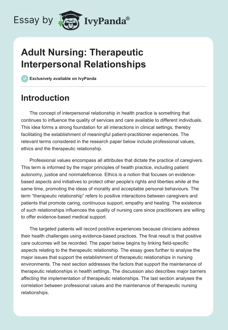 Adult Nursing: Therapeutic Interpersonal Relationships. Page 1