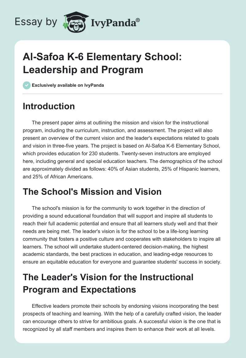 Al-Safoa K-6 Elementary School: Leadership and Program. Page 1