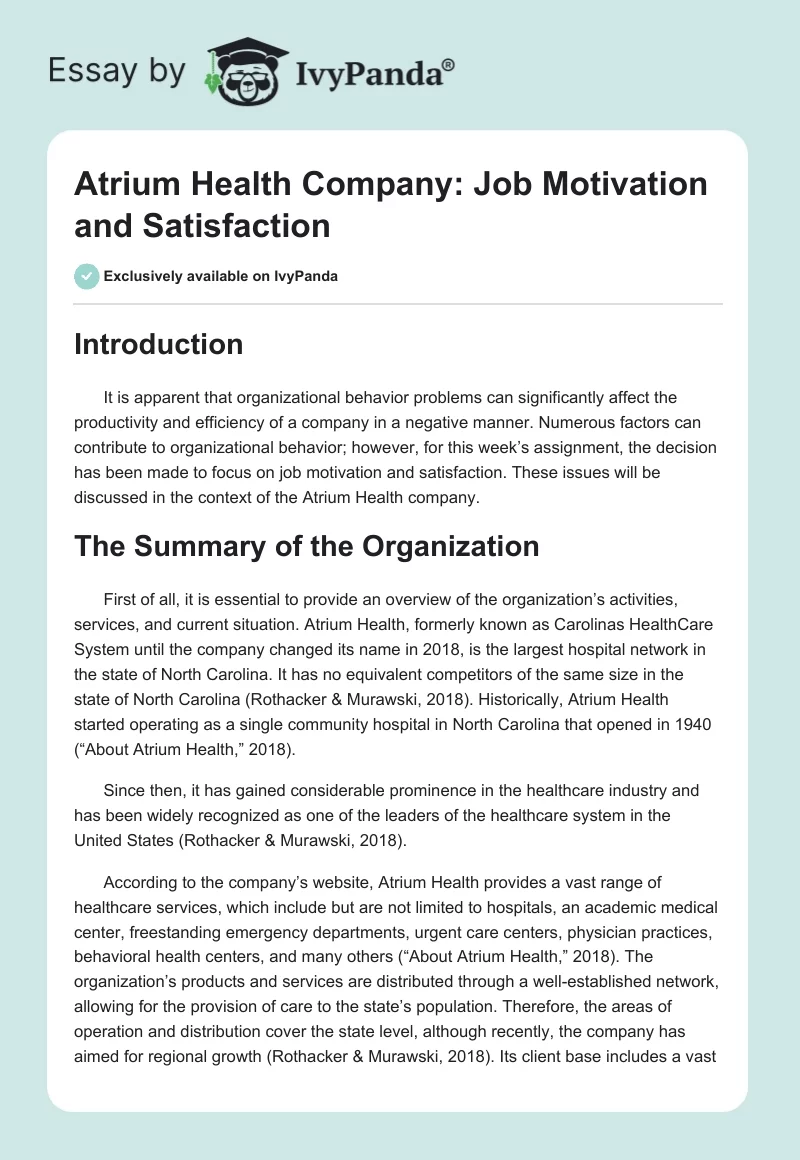 Atrium Health Company: Job Motivation and Satisfaction. Page 1