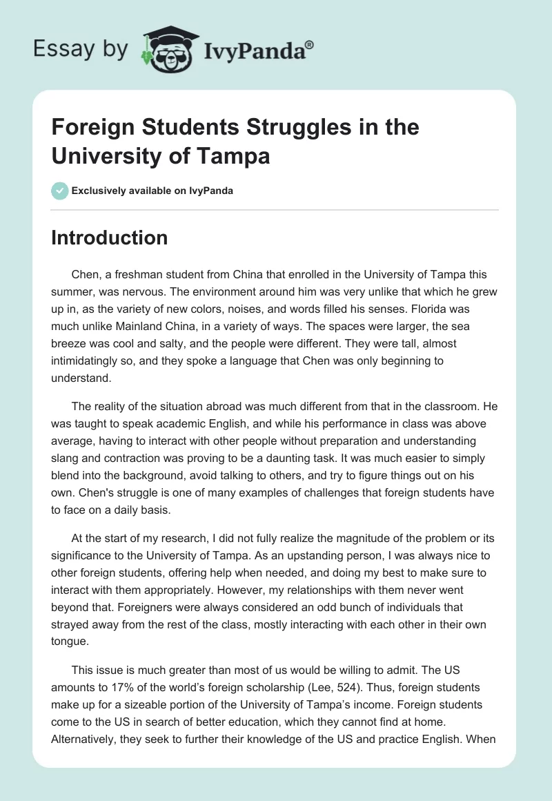 Foreign Students Struggles in the University of Tampa. Page 1