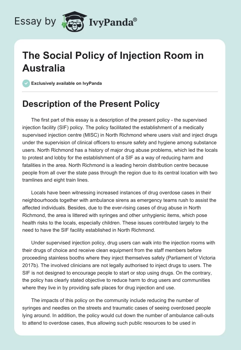 The Social Policy of Injection Room in Australia. Page 1