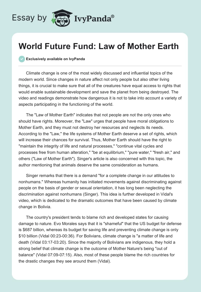 World Future Fund: "Law of Mother Earth". Page 1