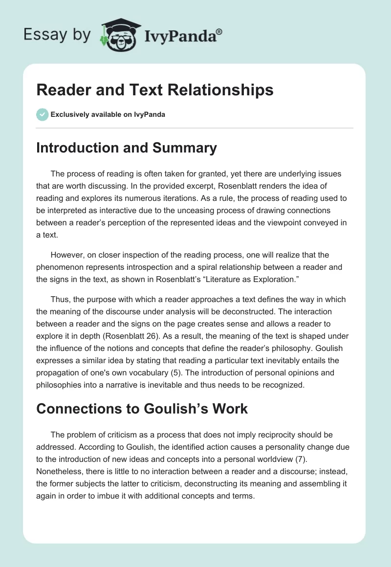 Reader and Text Relationships. Page 1