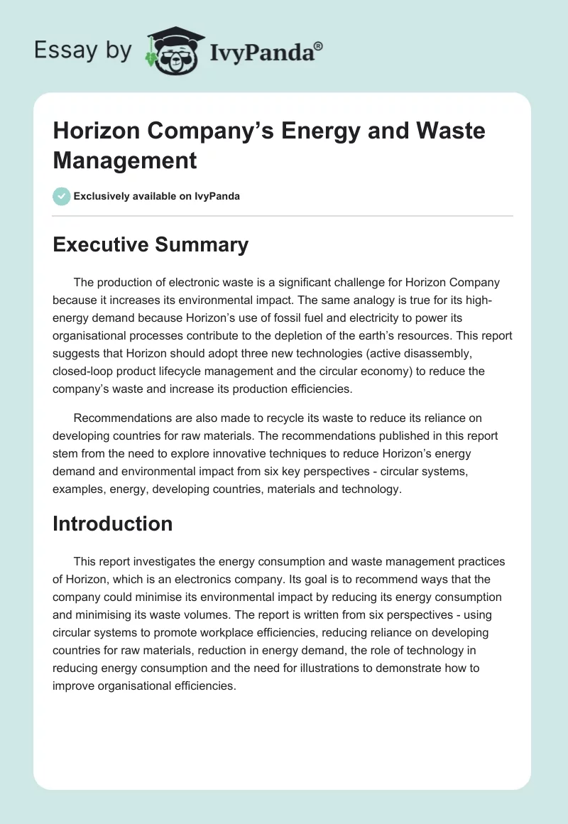 Horizon Company’s Energy and Waste Management. Page 1