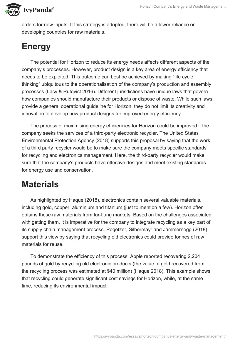 Horizon Company’s Energy and Waste Management. Page 3