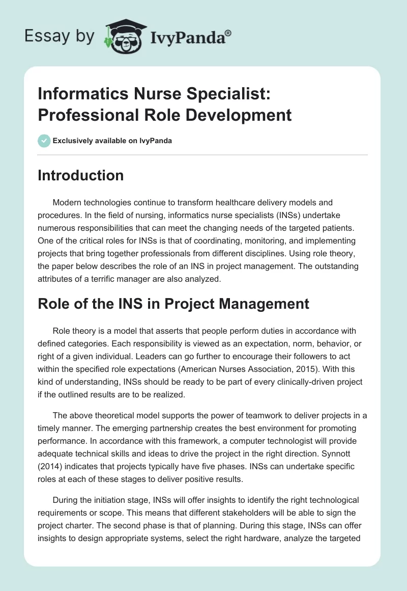 Informatics Nurse Specialist: Professional Role Development. Page 1