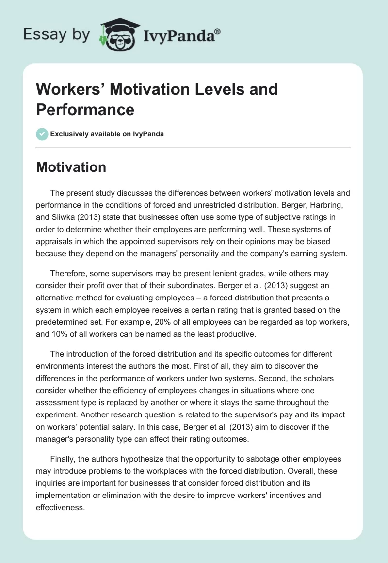 Workers’ Motivation Levels and Performance. Page 1