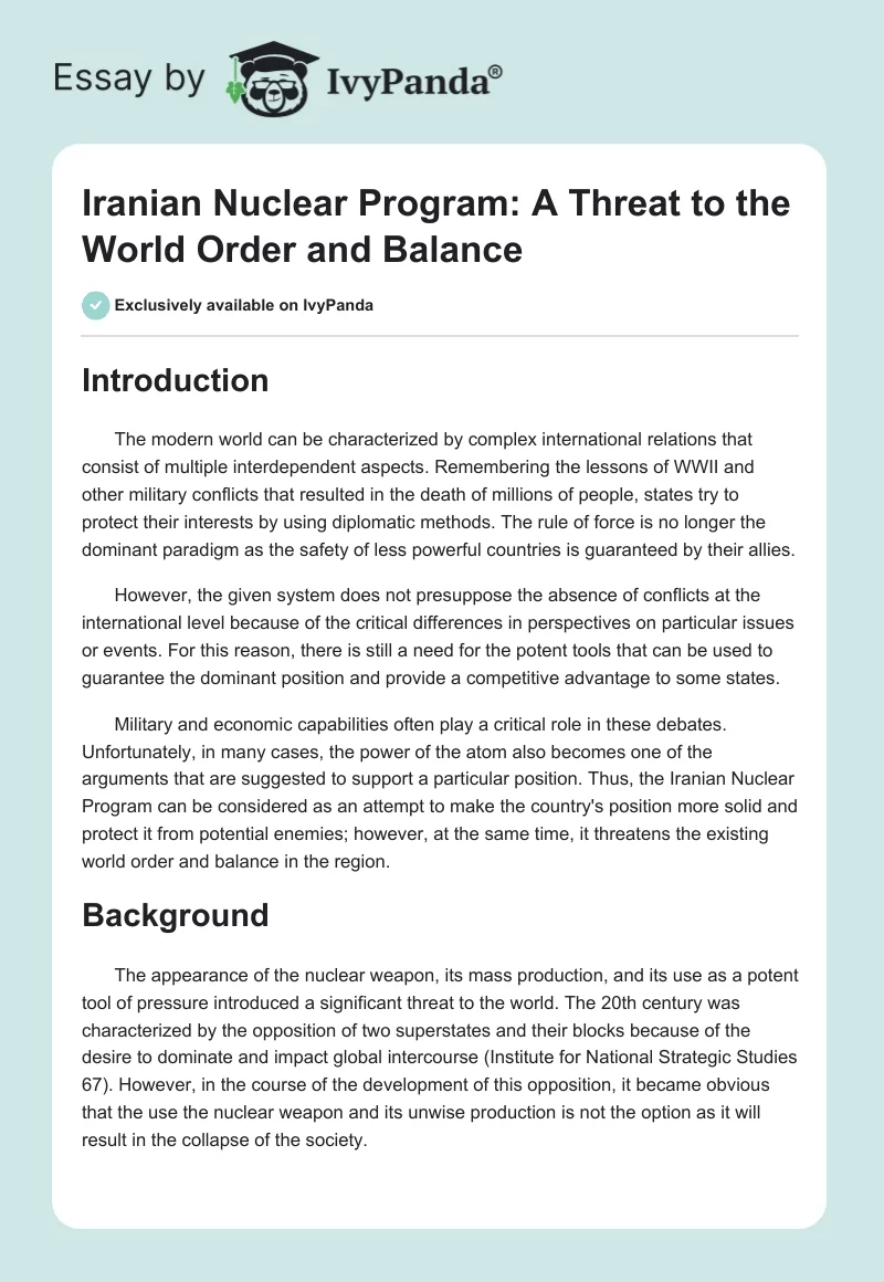 Iranian Nuclear Program: A Threat to the World Order and Balance. Page 1