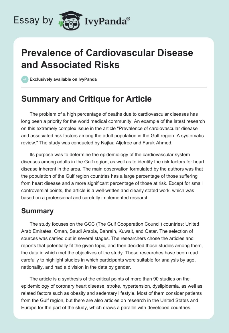 Prevalence of Cardiovascular Disease and Associated Risks. Page 1