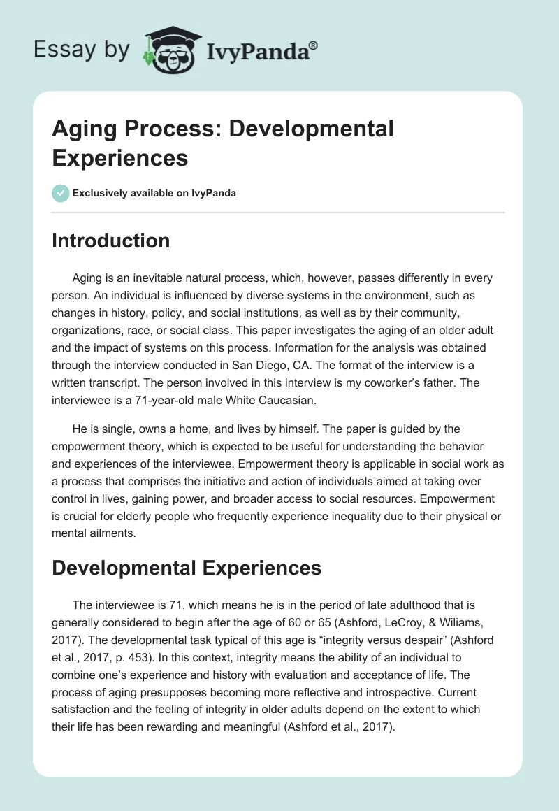 Aging Process: Developmental Experiences. Page 1