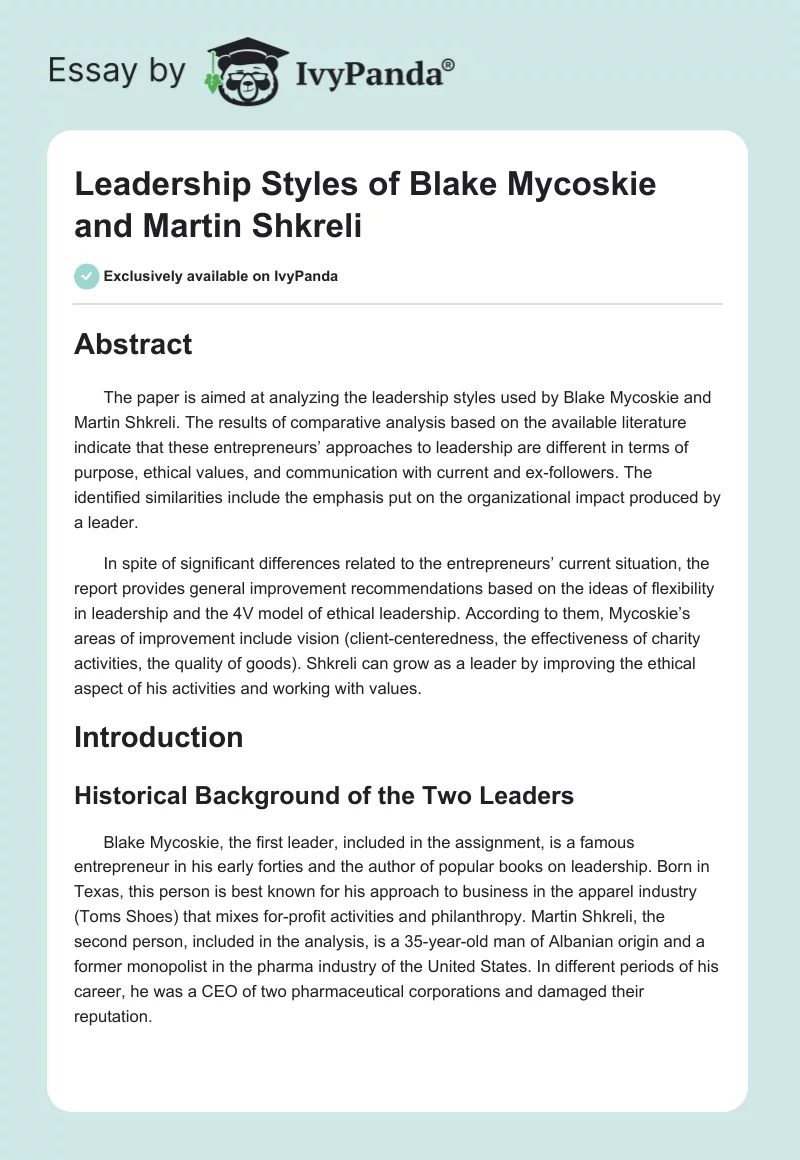 Leadership Styles of Blake Mycoskie and Martin Shkreli. Page 1
