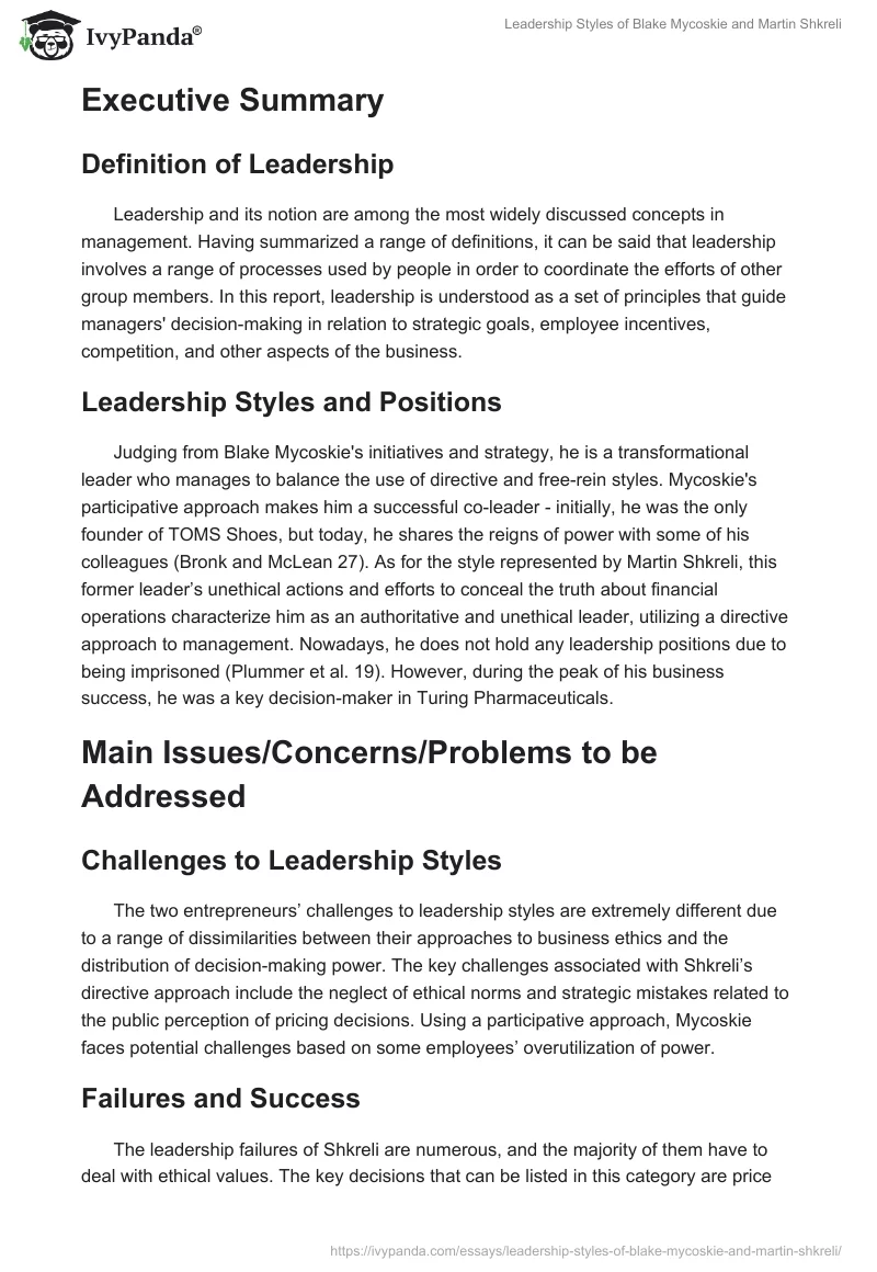 Leadership Styles of Blake Mycoskie and Martin Shkreli. Page 2