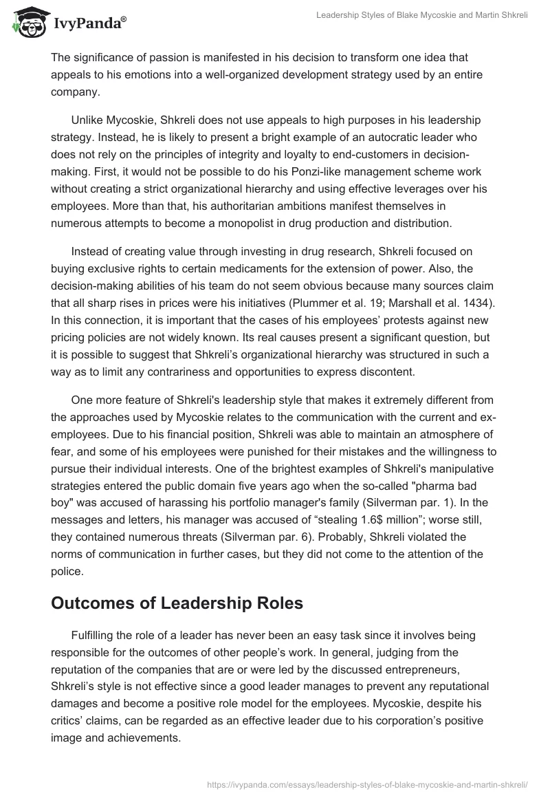 Leadership Styles of Blake Mycoskie and Martin Shkreli. Page 4