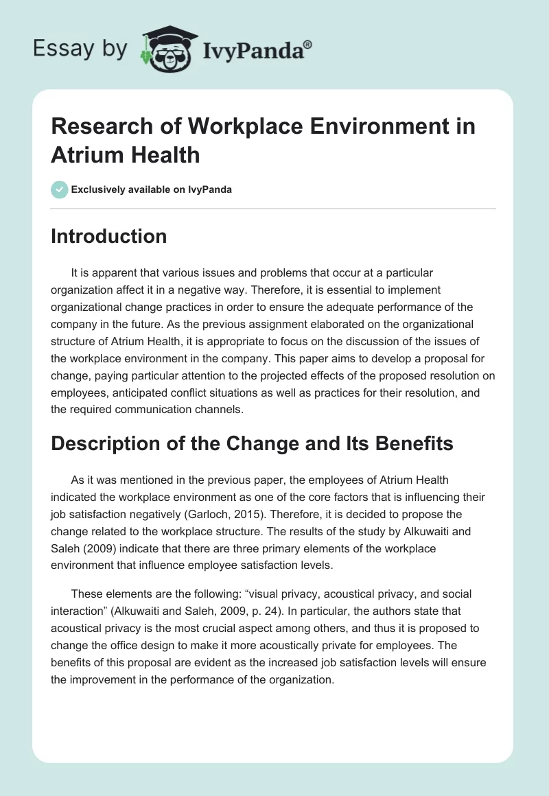 Research of Workplace Environment in Atrium Health. Page 1