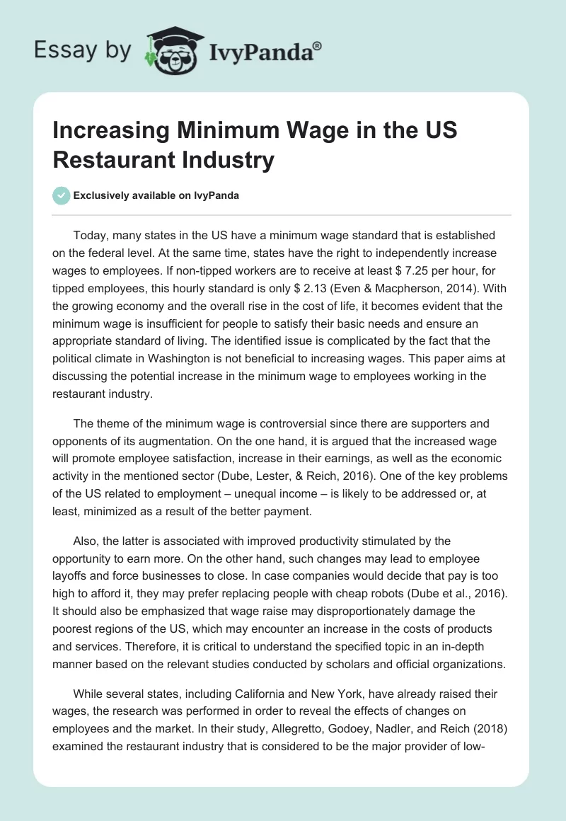 Increasing Minimum Wage in the US Restaurant Industry. Page 1