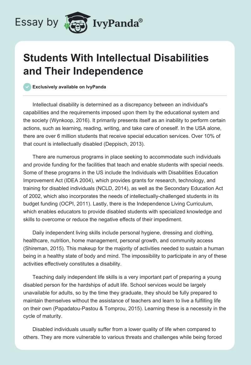 Students With Intellectual Disabilities and Their Independence. Page 1
