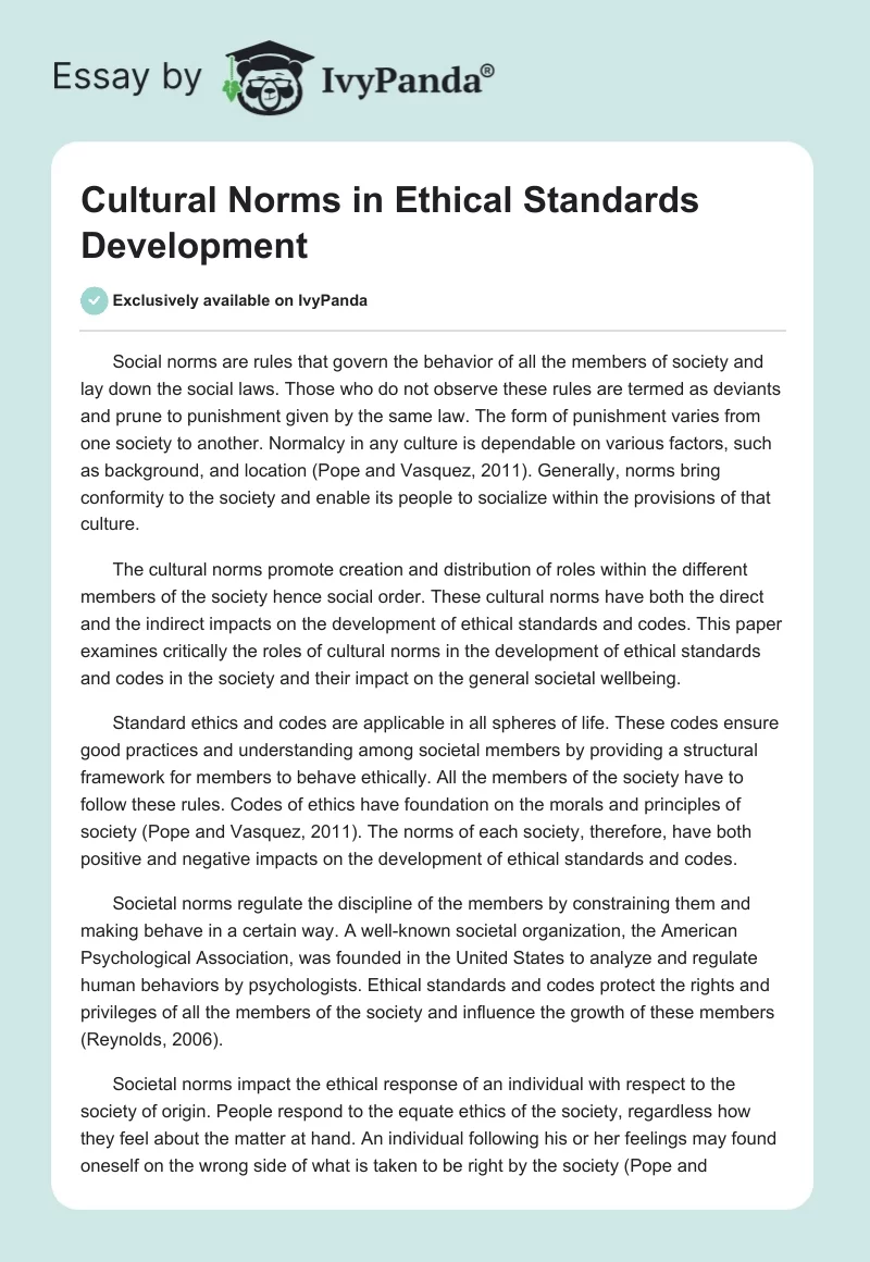 Cultural Norms in Ethical Standards Development. Page 1