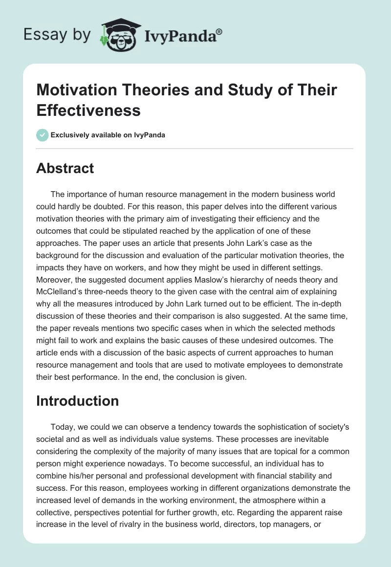 Motivation Theories and Study of Their Effectiveness. Page 1