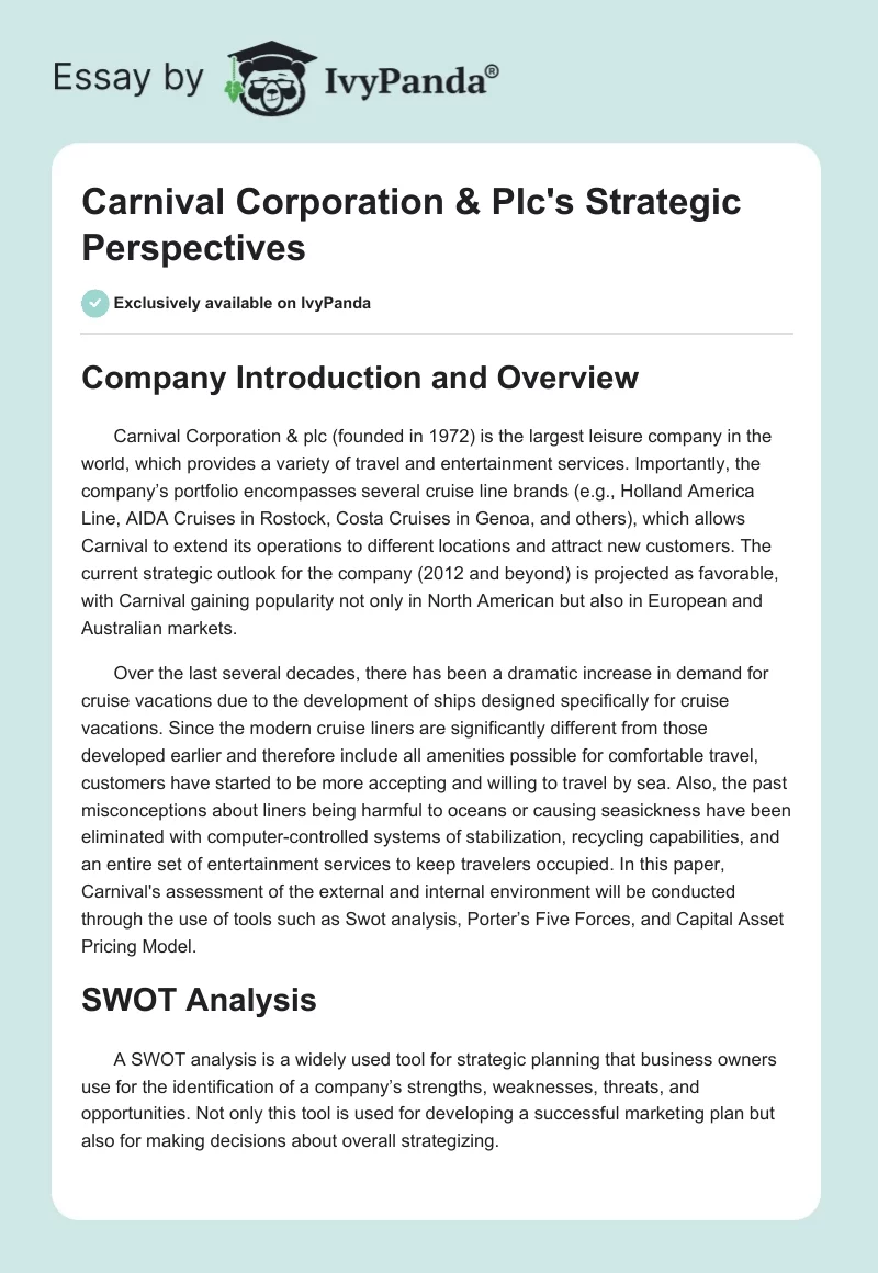 Carnival Corporation & Plc's Strategic Perspectives. Page 1