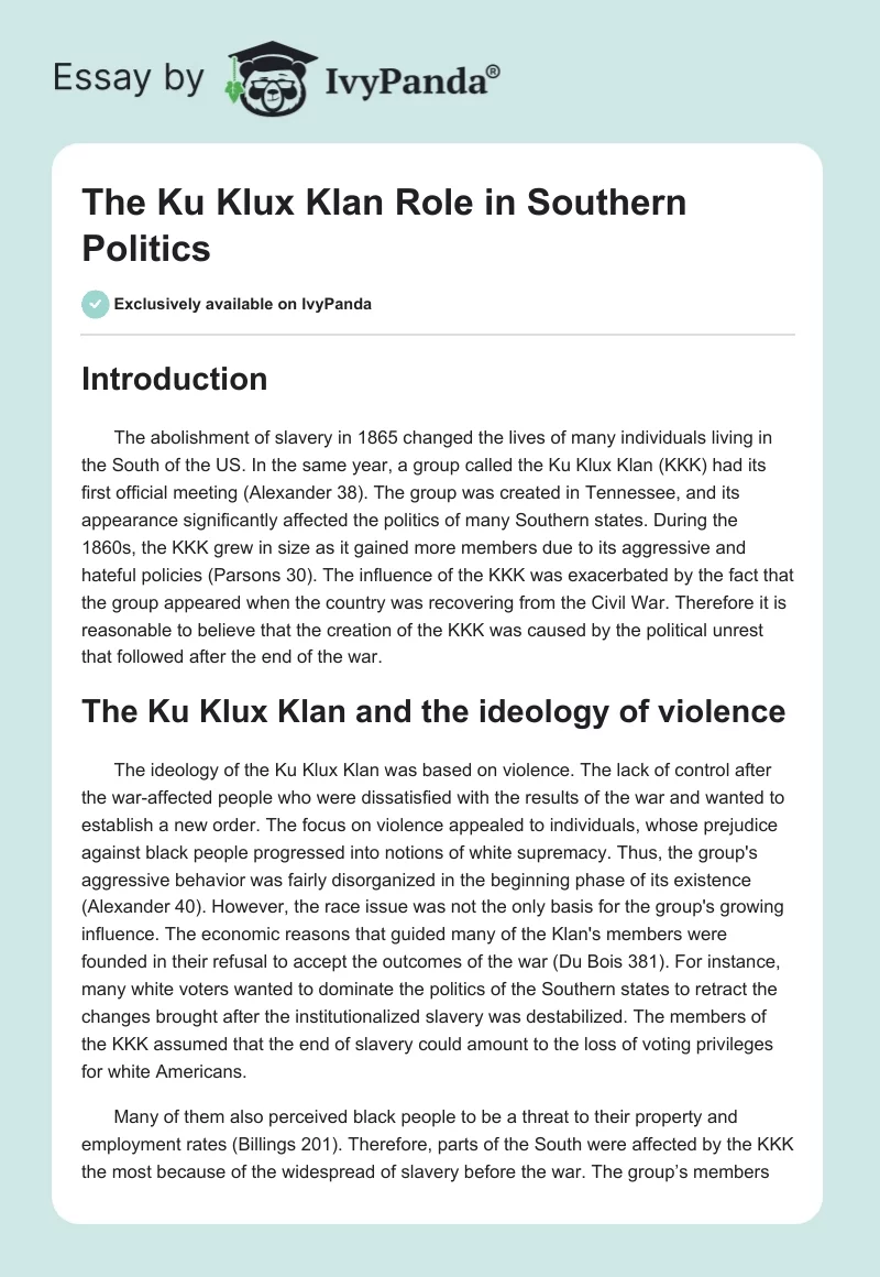 The Ku Klux Klan Role in Southern Politics. Page 1