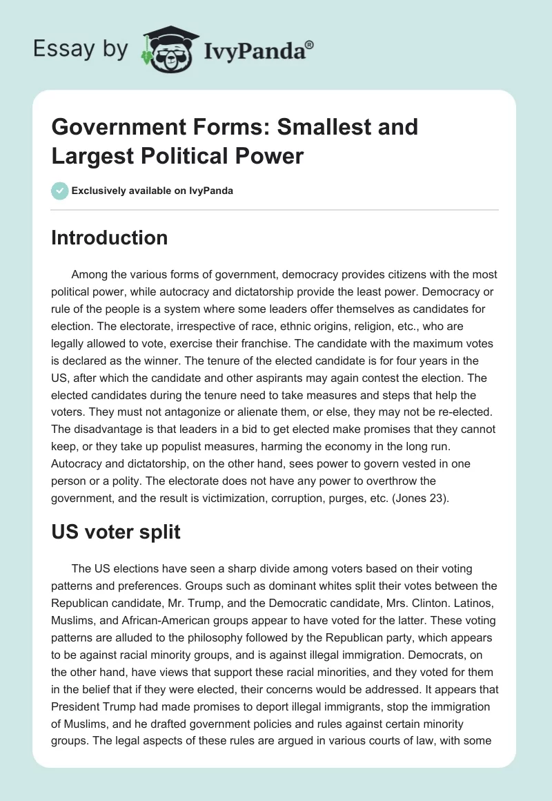 Government Forms: Smallest and Largest Political Power. Page 1
