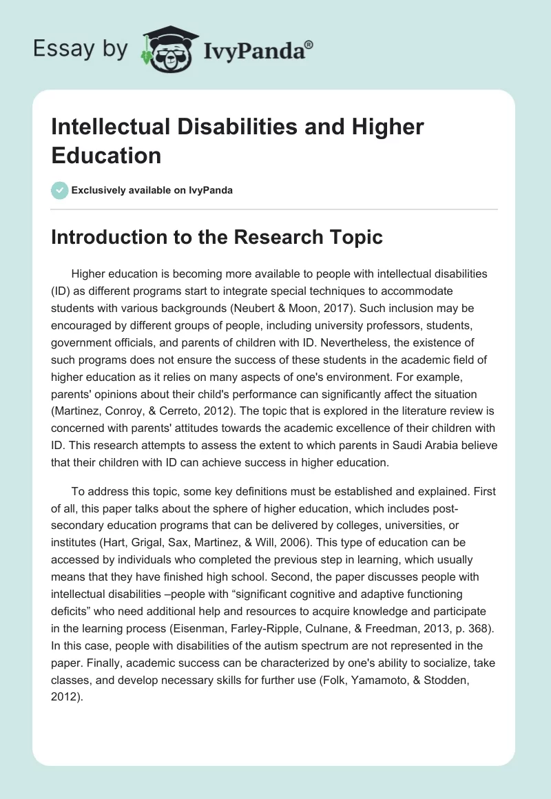 Intellectual Disabilities and Higher Education. Page 1