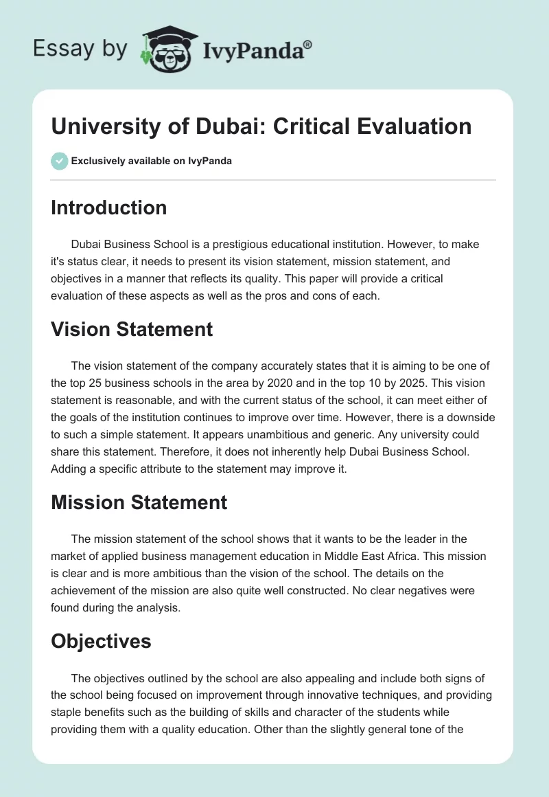 University of Dubai: Critical Evaluation. Page 1