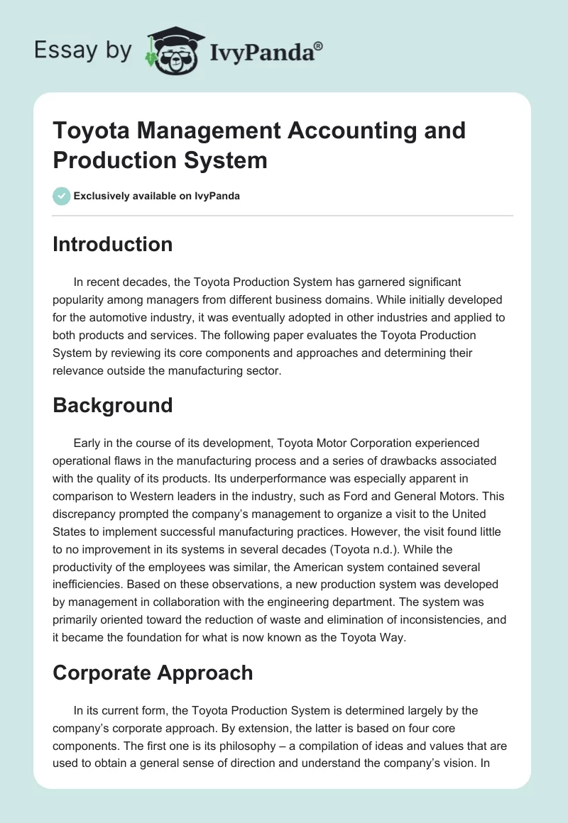Toyota Management Accounting and Production System. Page 1