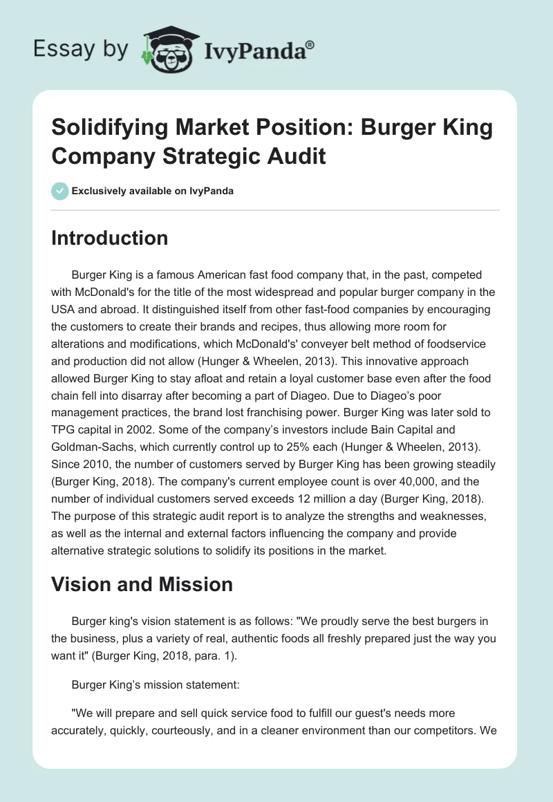 Solidifying Market Position: Burger King Company Strategic Audit. Page 1
