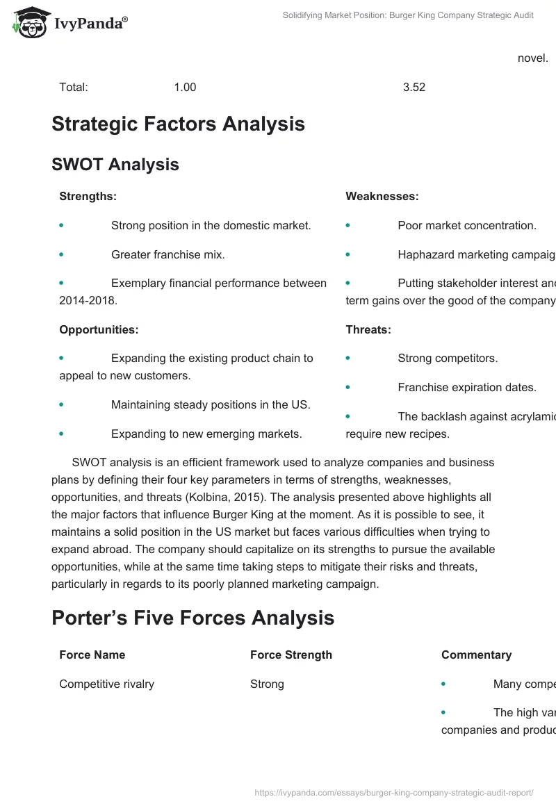 Solidifying Market Position: Burger King Company Strategic Audit. Page 5