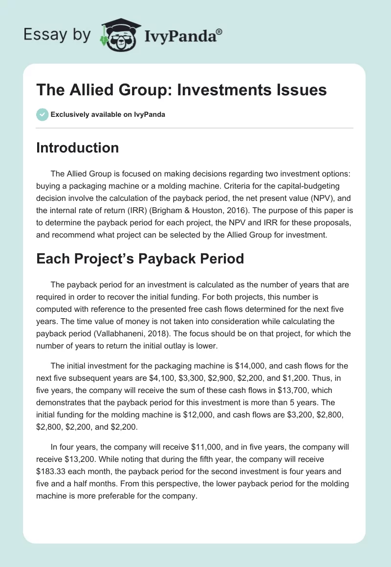The Allied Group: Investments Issues. Page 1