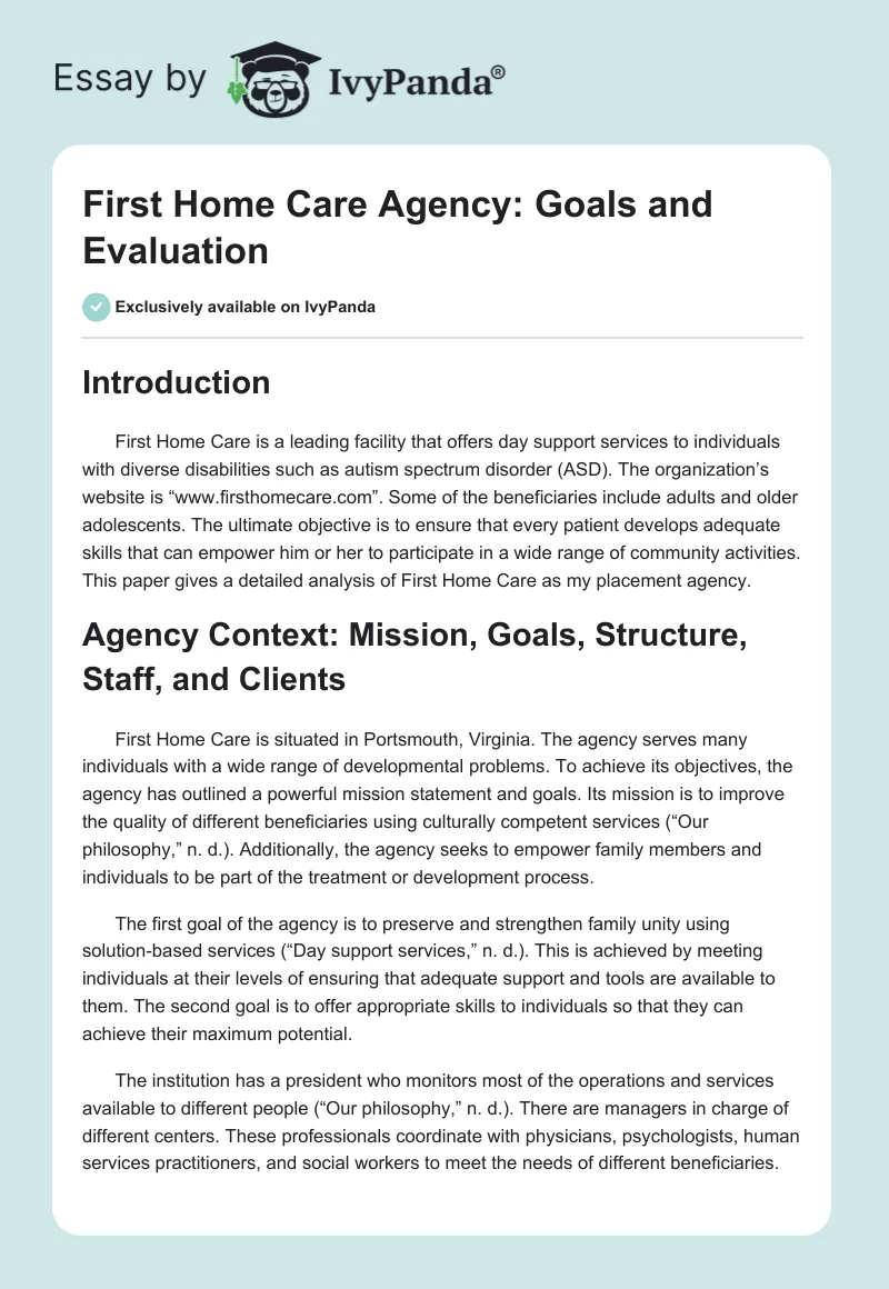 First Home Care Agency: Goals and Evaluation. Page 1