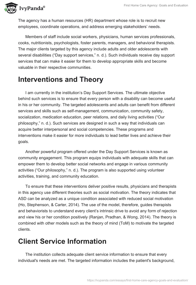 First Home Care Agency: Goals and Evaluation. Page 2