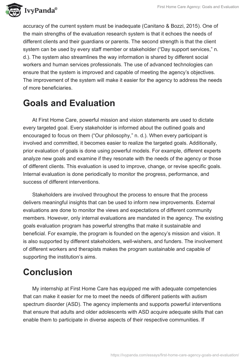 First Home Care Agency: Goals and Evaluation. Page 4