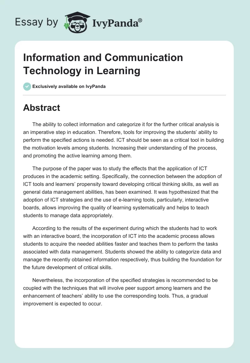 Information and Communication Technology in Learning. Page 1