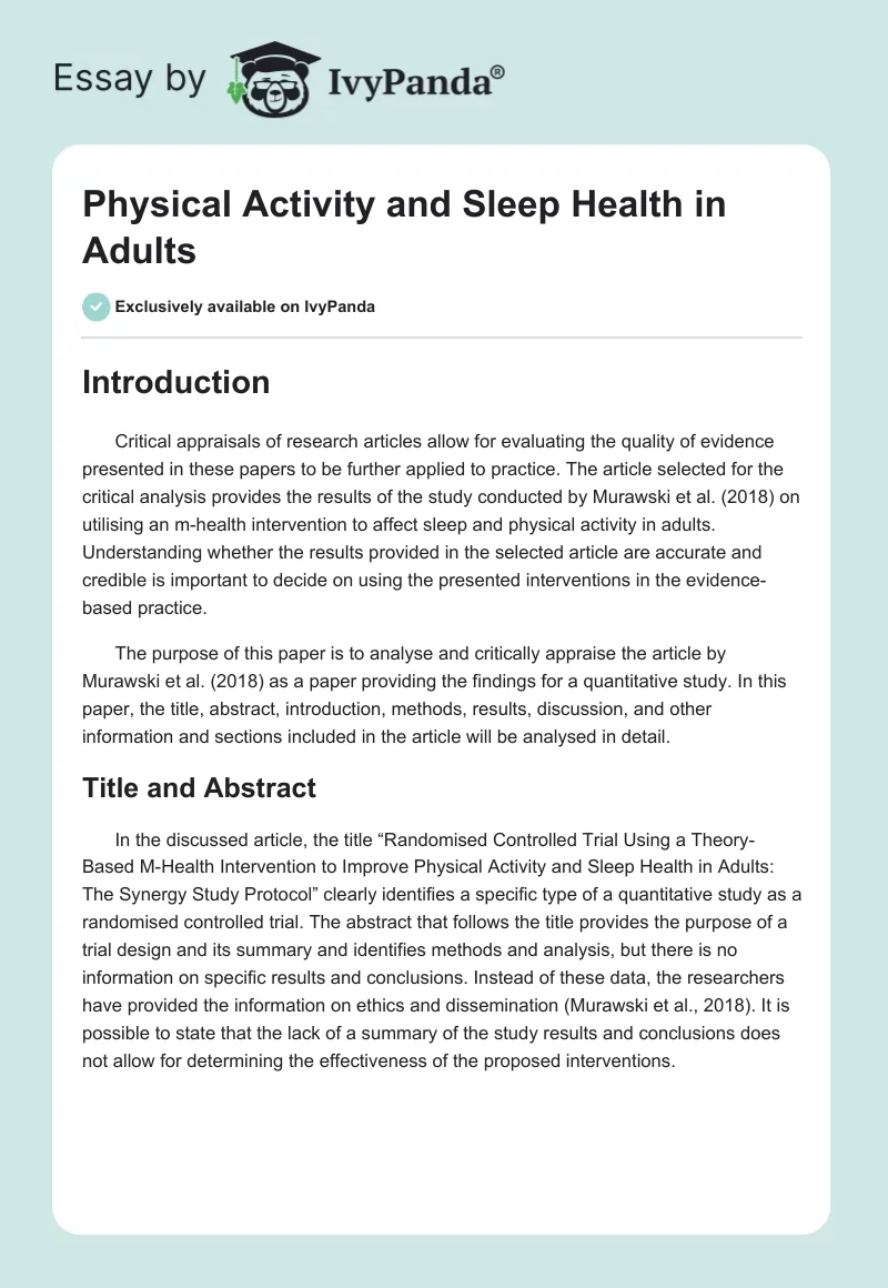 Physical Activity and Sleep Health in Adults. Page 1