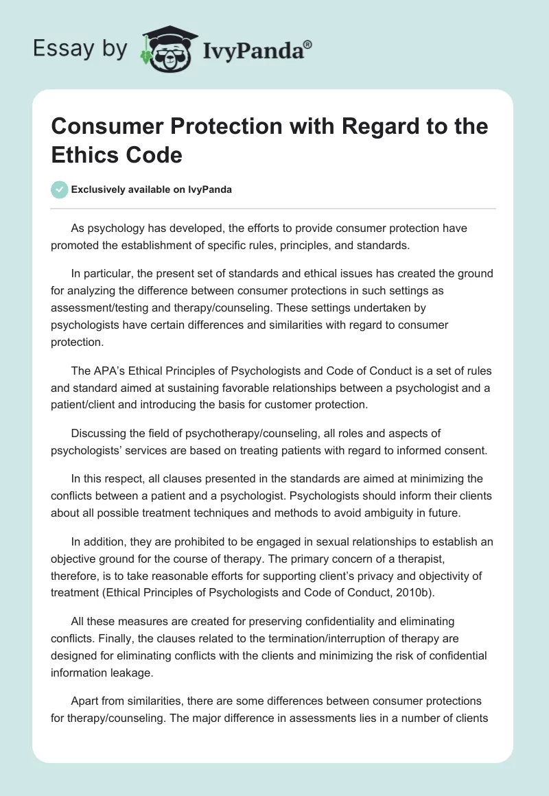 Consumer Protection with Regard to the Ethics Code. Page 1