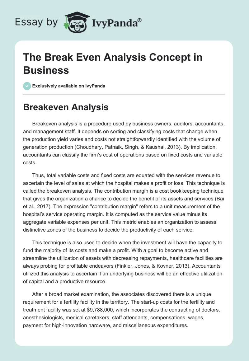 The Break Even Analysis Concept in Business. Page 1