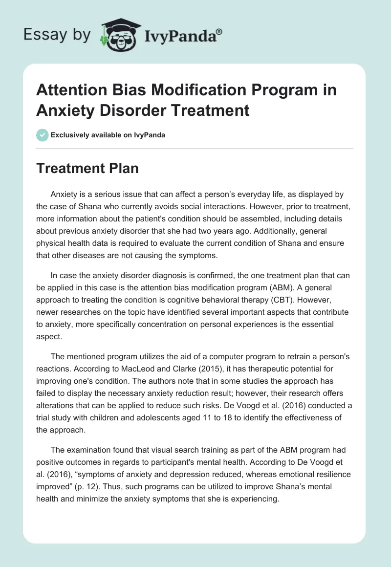 Attention Bias Modification Program in Anxiety Disorder Treatment. Page 1