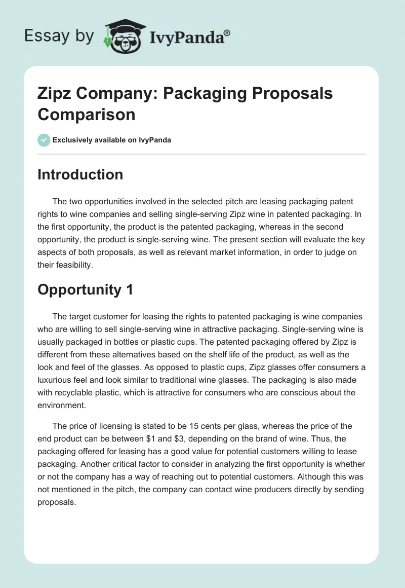 Zipz Company: Packaging Proposals Comparison. Page 1