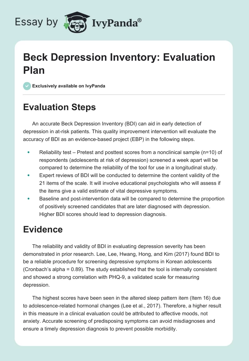 Beck Depression Inventory: Evaluation Plan. Page 1