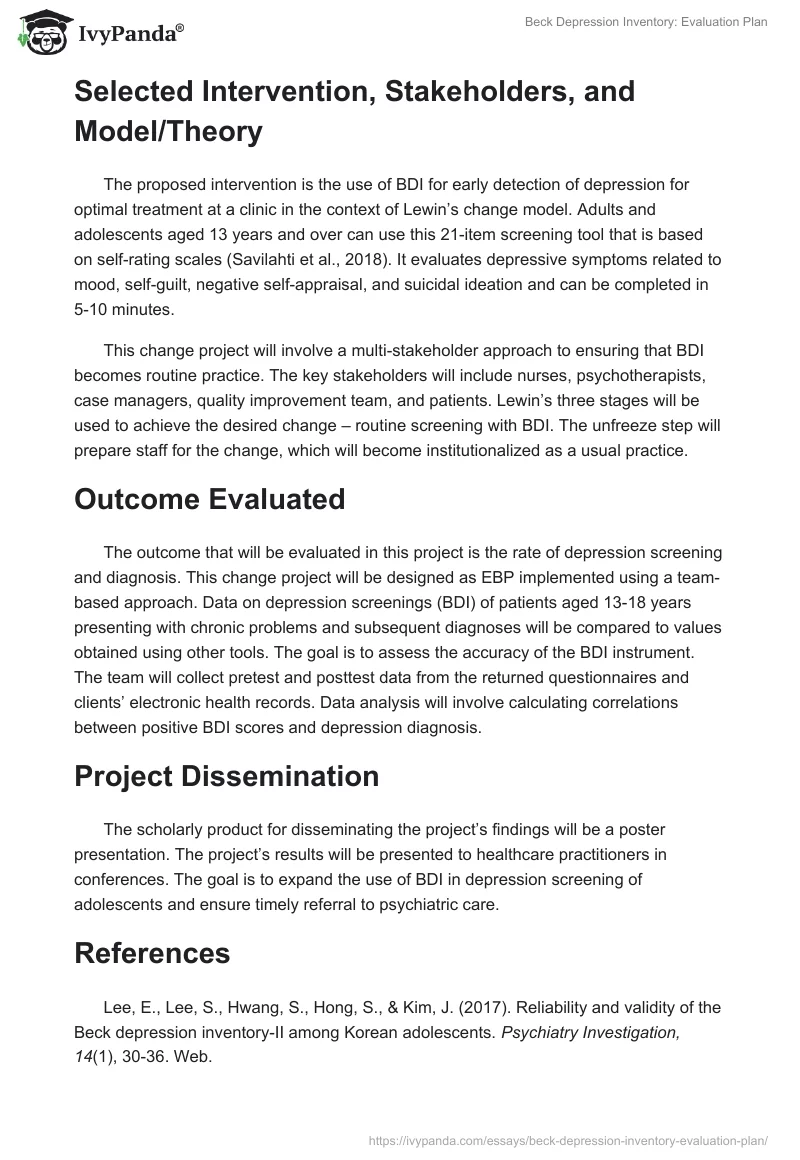 Beck Depression Inventory: Evaluation Plan. Page 2