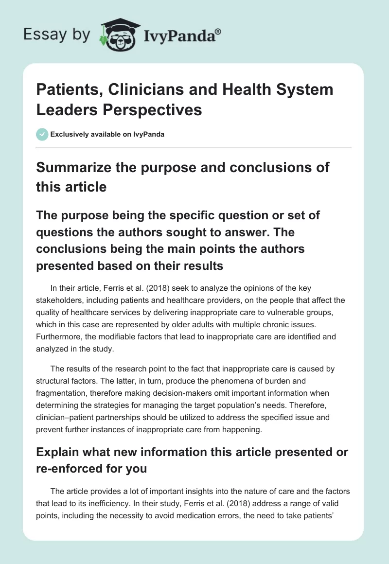 Patients, Clinicians and Health System Leaders Perspectives. Page 1