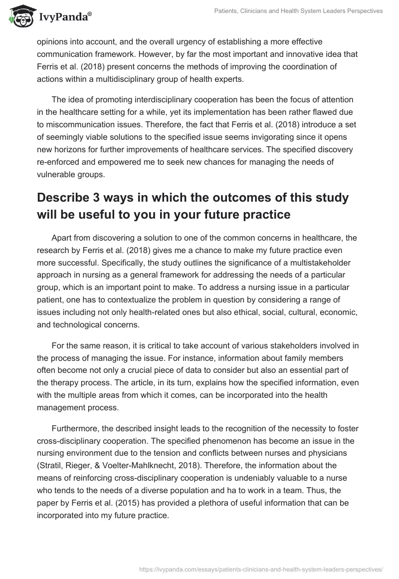 Patients, Clinicians and Health System Leaders Perspectives. Page 2