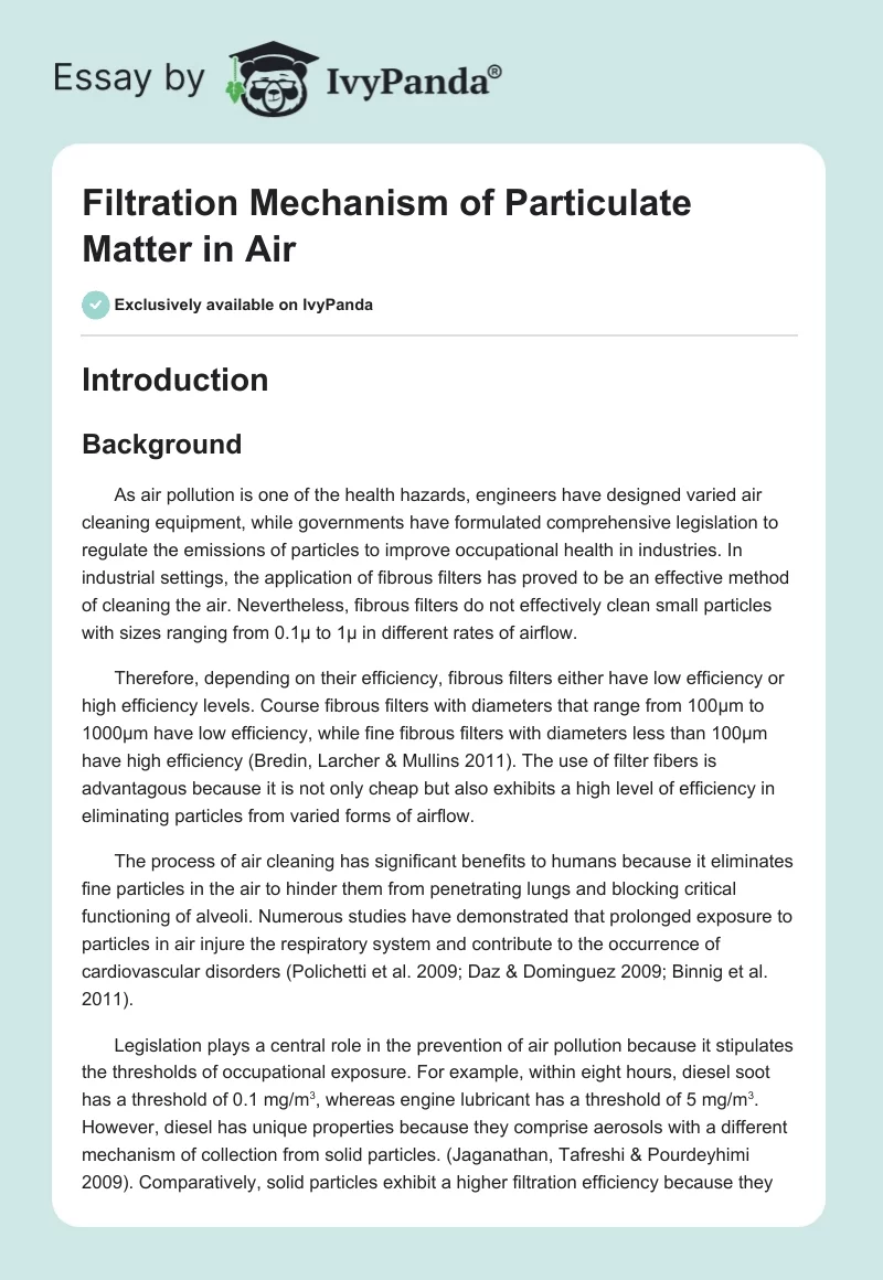 Filtration Mechanism of Particulate Matter in Air. Page 1
